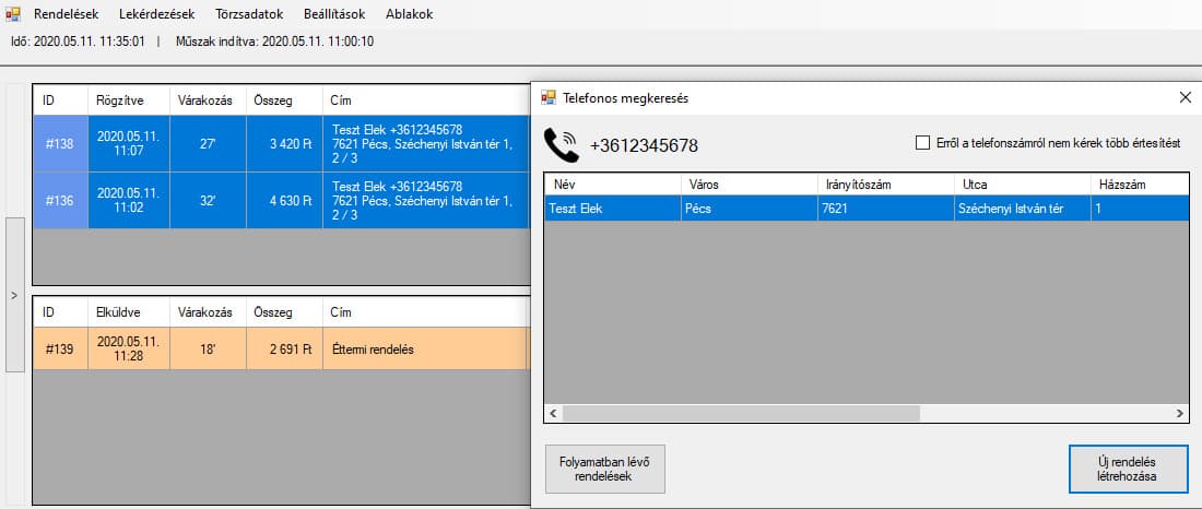 Beérkező hívás azonosítása az OrderManager diszpécser-felületén